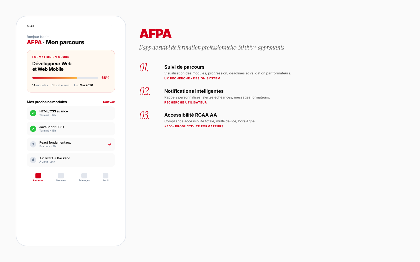 AFPA app mobile formation — 50 000+ apprenants suivi parcours par RYADESIGN