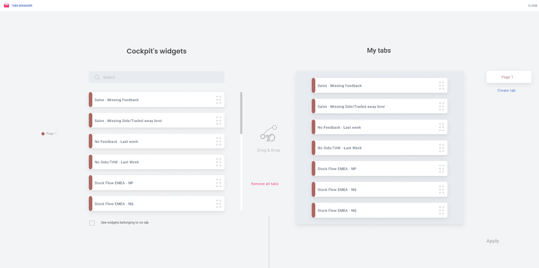 Cockpit BNP Paribas — liste des widgets disponibles par onglet