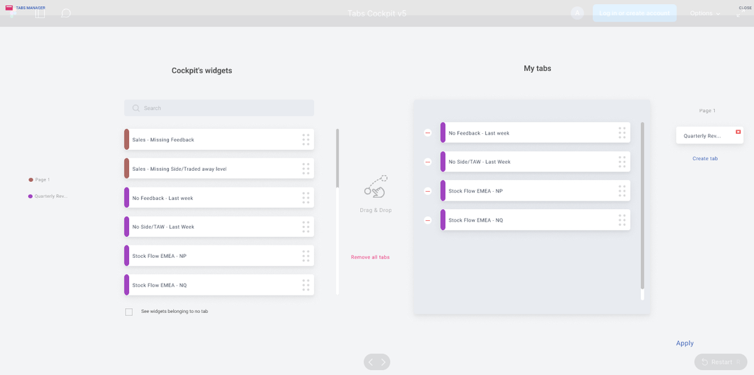 Cockpit BNP Paribas — gestion des onglets et widgets