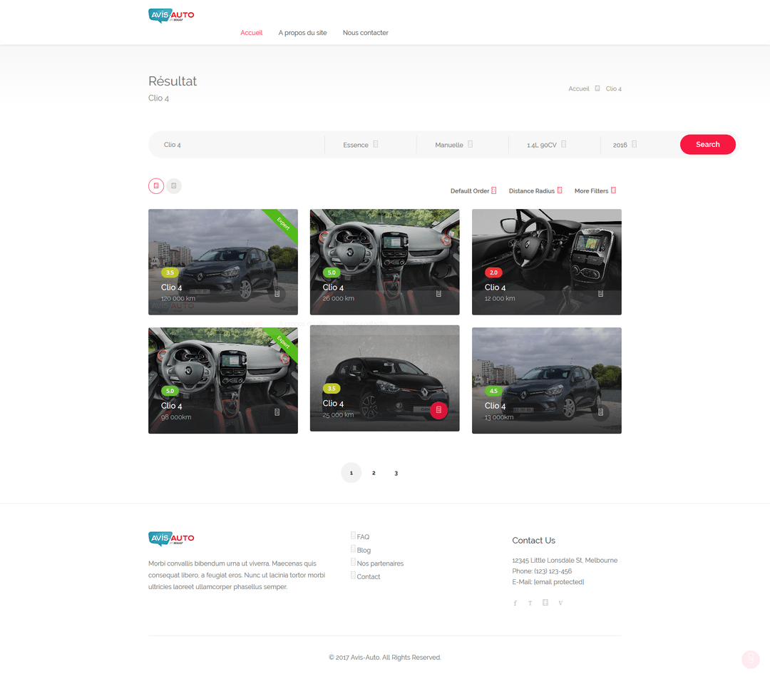 Avis-Auto.fr — page de résultats de recherche Clio 4 avec filtres et notation par véhicule
