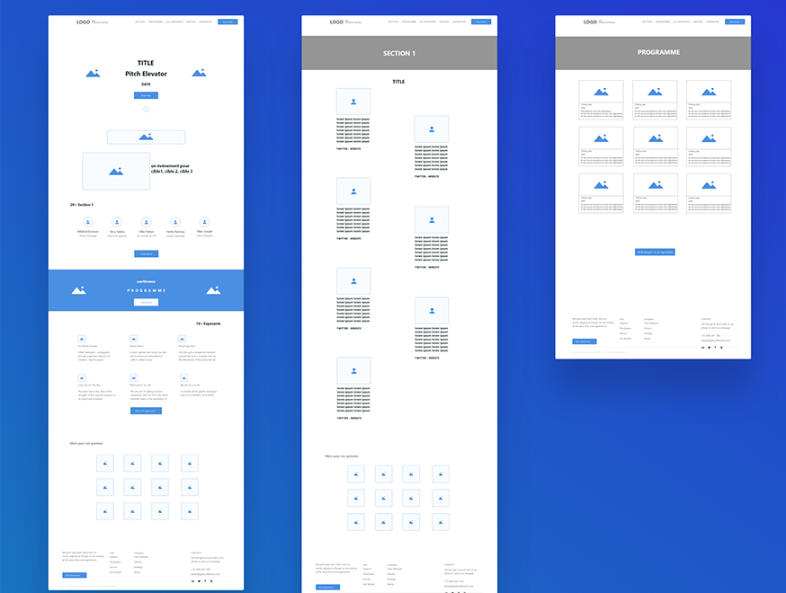 Master template wireframe mobile conçu pour décliner la refonte sur les 35 sites Reed Expo